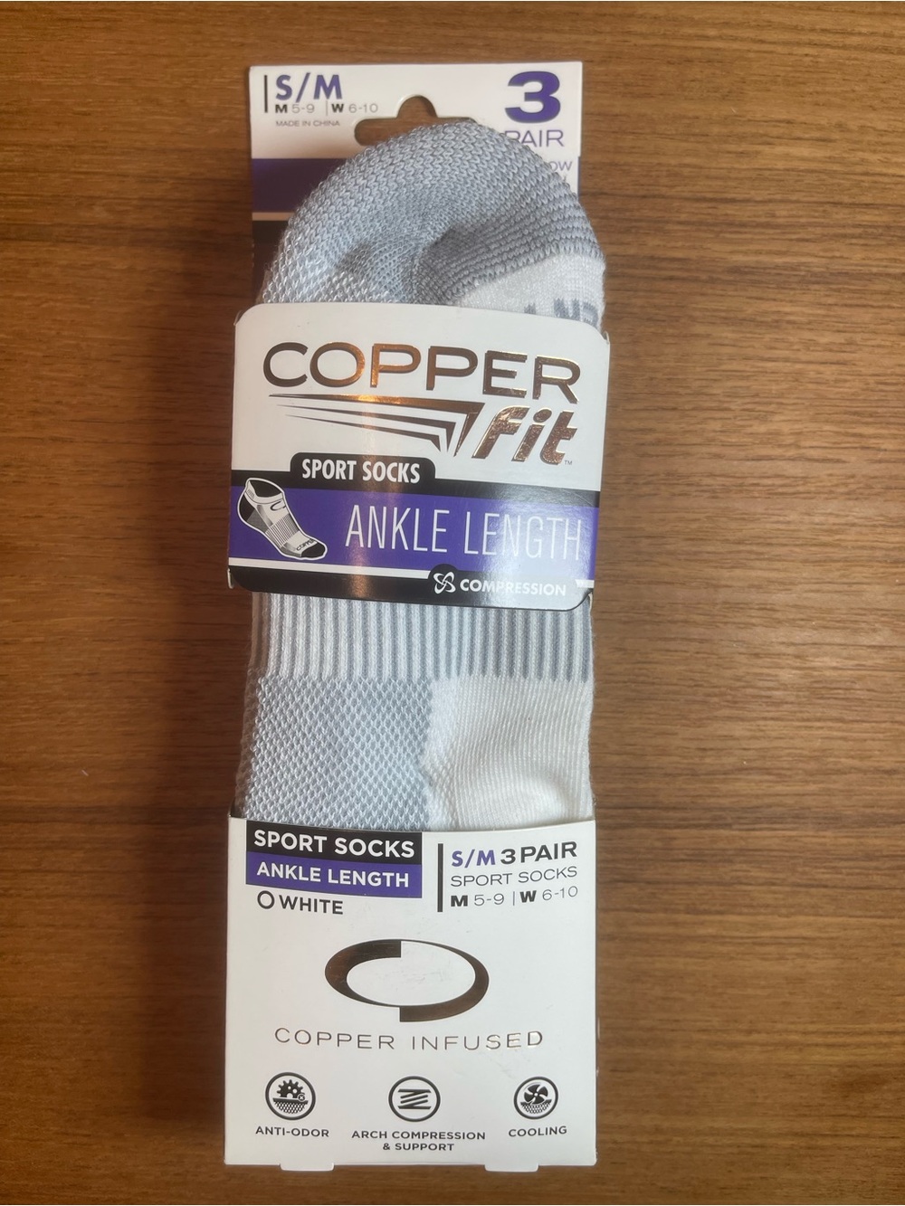Copper Fit 3 PAIR Sport Ankle Copper Infused Cooling Socks White Unisex S/M
